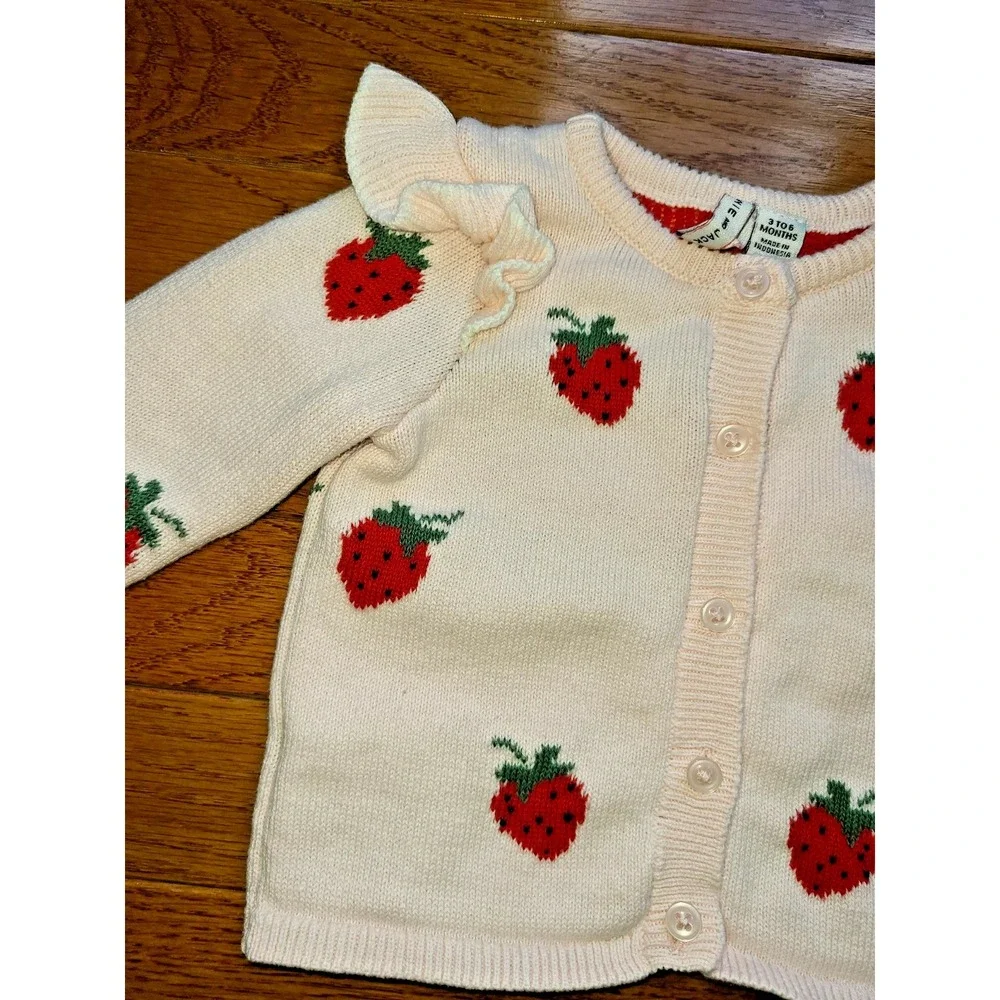 Janie‎ And Jack Sweater Button Cardigan Pink Strawberries 3/6 Mos Flare Shoulder
